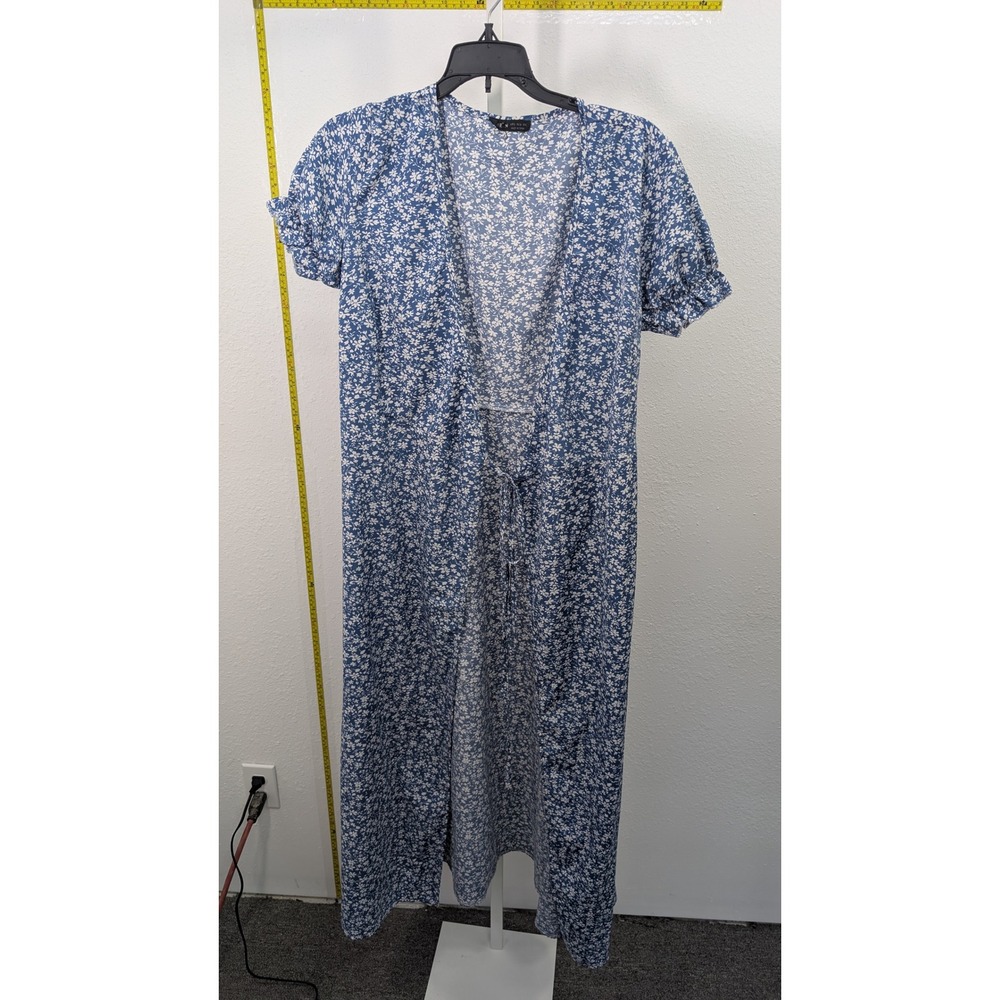 Shein Blue White Ditsy Floral Maxi Dress Short Puff Sleeve Wrap Tie Waist US 4